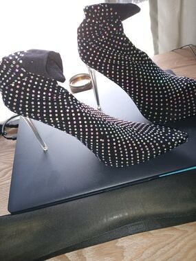 EGO Black Rhinestone-Studded Pointed Toe Ankle Booties with Silver Stiletto Heel